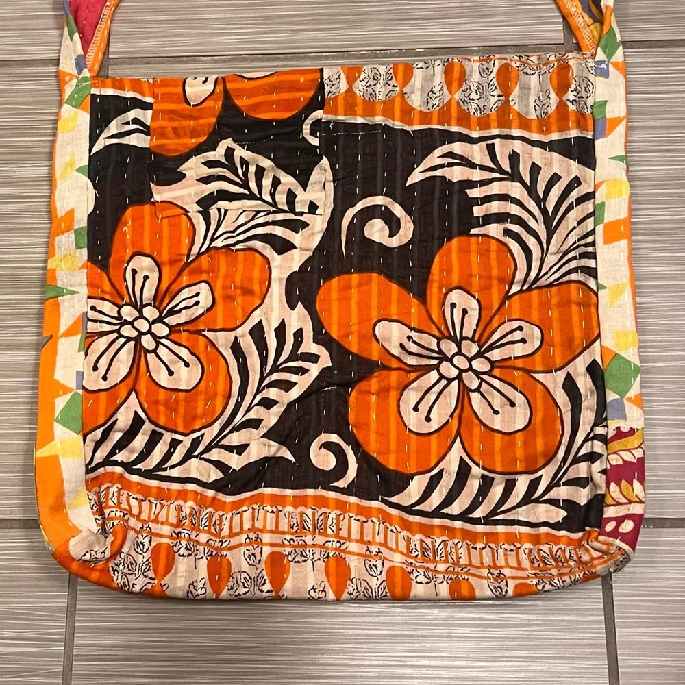 Indian Quilt Quilted fabric floral purse satchel boho bohemian orange hippie - Picture 6 of 8